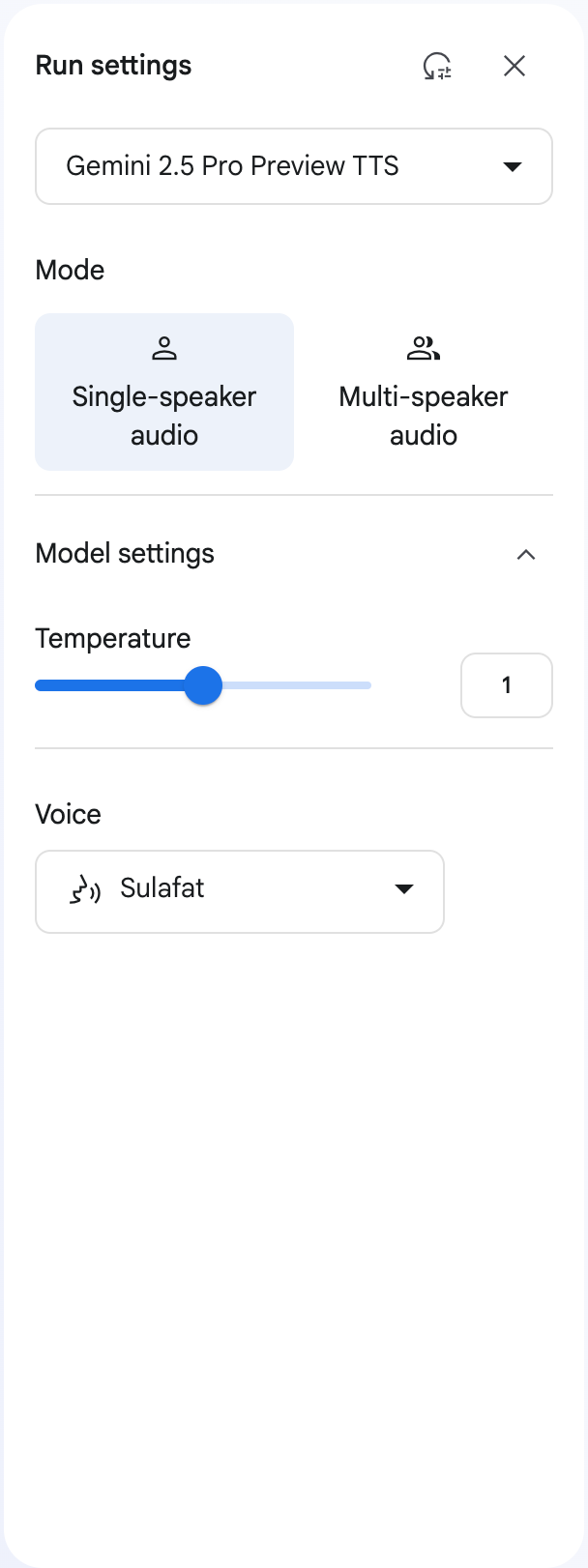 Google AI Studio の Run settings パネル。モデルに Gemini 2.5 Pro Preview TTS、Mode に Single-speaker audio、Voice に Sulafat を選んでいる