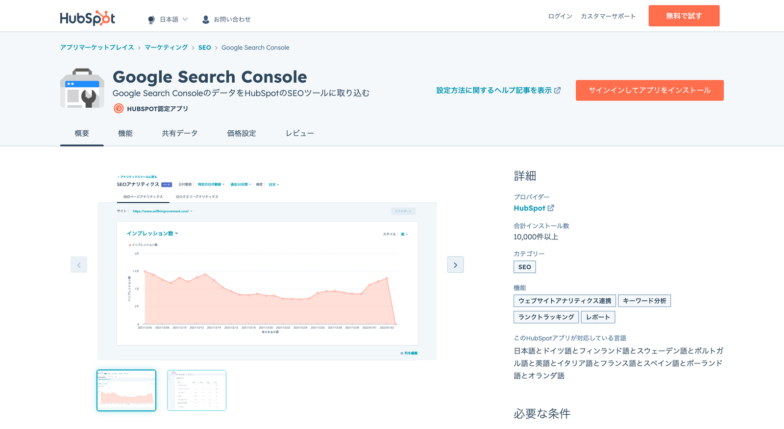 アプリマーケットプレイスの Google Search Console ページ。検索インプレッション数の推移グラフが表示され、右側に合計インストール数1万件以上と機能タグが並んでいる